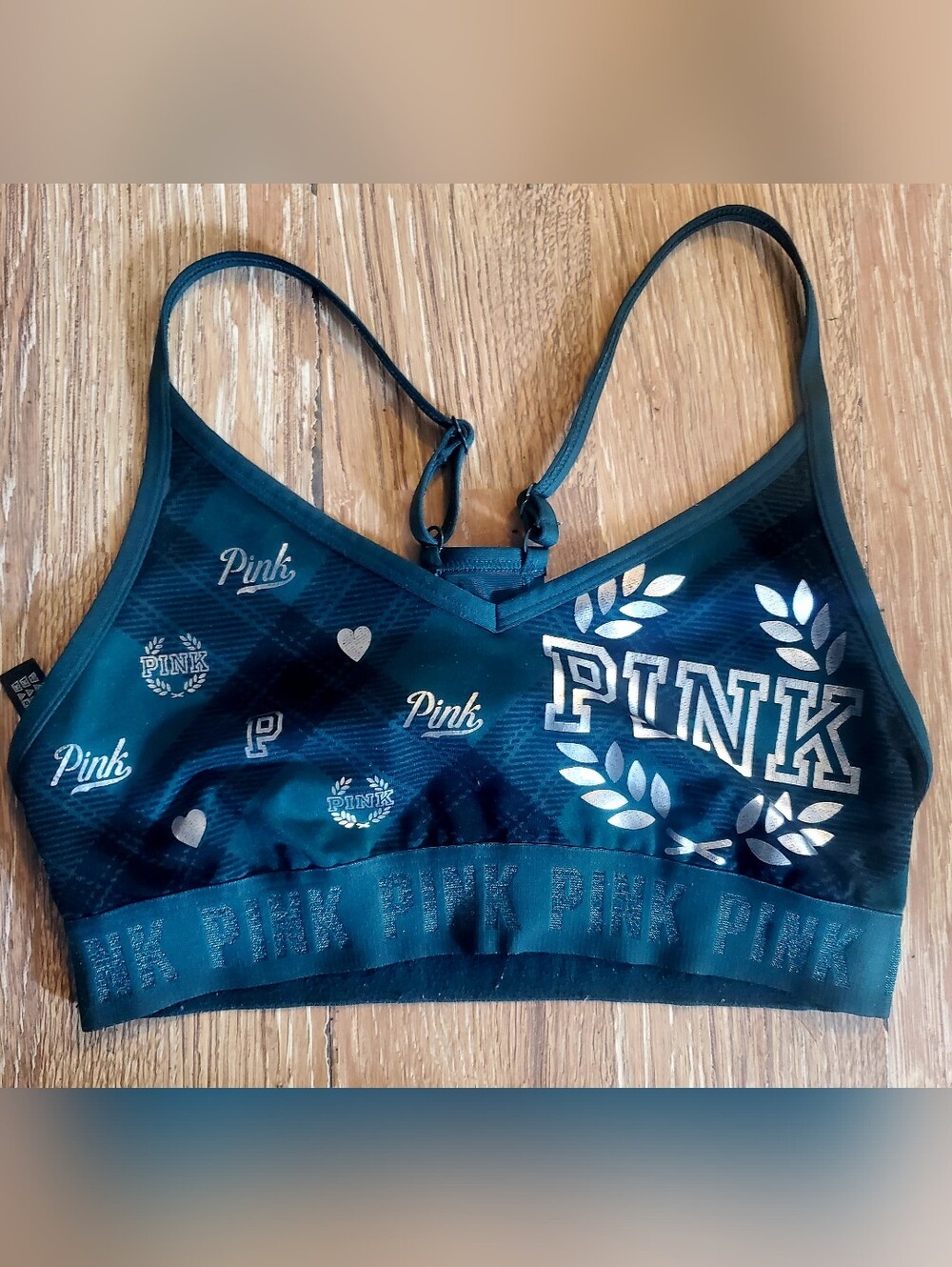 PINK Victoria's Secret Emerald Green & Plaid Active Bralette With Silver Accents